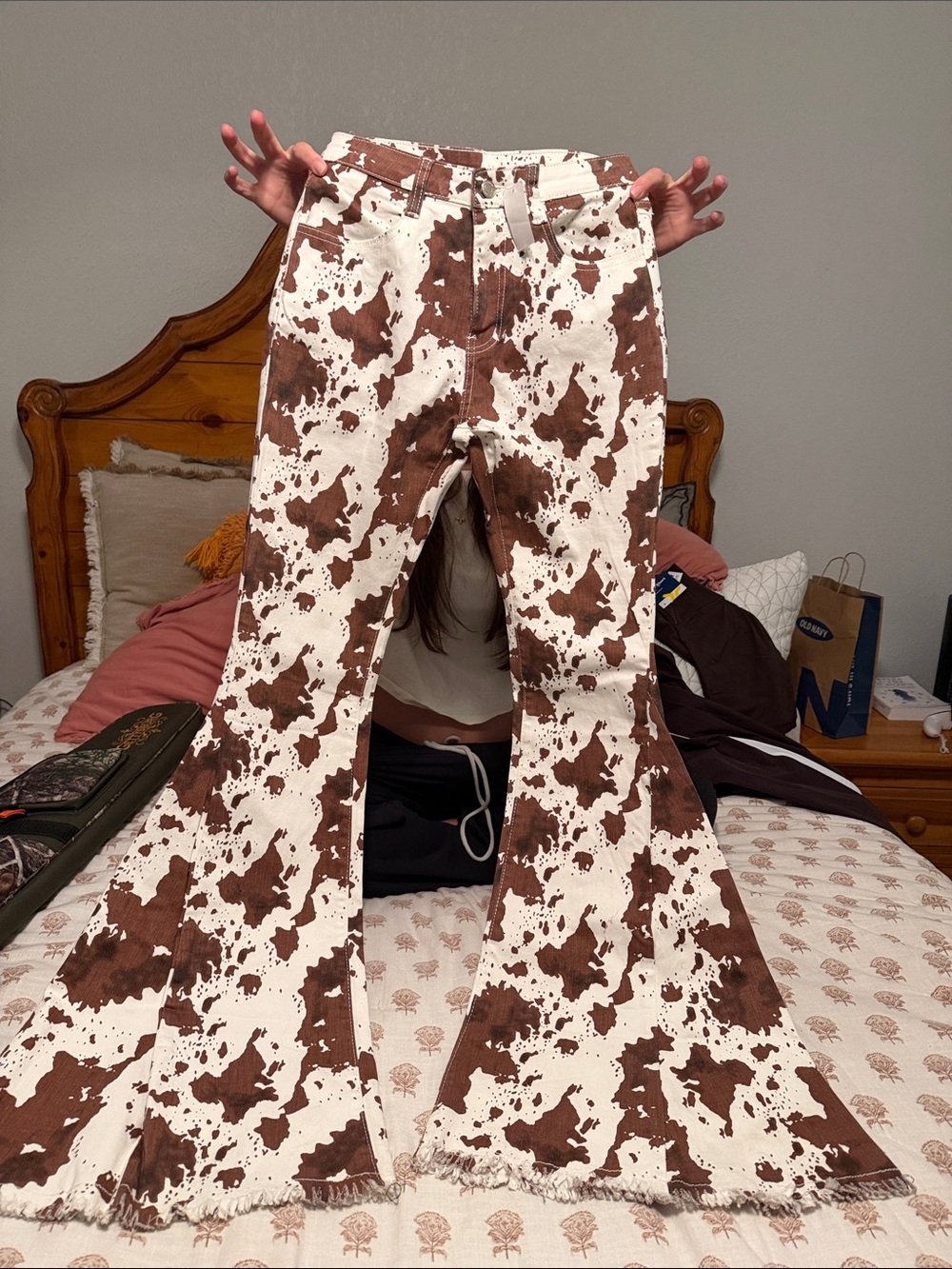 High-Waist Brown & White Cowprint Flare Jeans